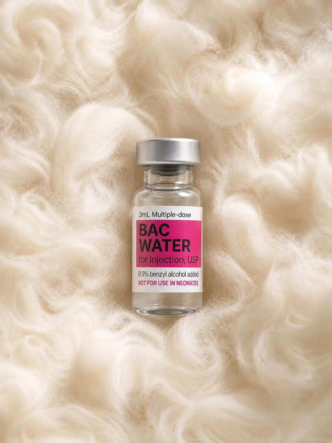 Veracue Bacteriostatic Water 3 mL research vial: clear vial with a silver-colored cap and a white label with a magenta panel reading BAC WATER, the 3mL volume and the line 0.9% benzyl alcohol added, on cream fleece